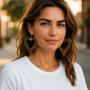 Animal Print,Leopard Print, Heart, Metal Earrings, Brown And Black, Dangles